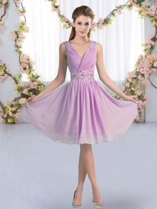Deluxe Knee Length Lavender Quinceanera Court Dresses Chiffon Sleeveless Beading
