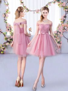 A-line Damas Dress Pink Off The Shoulder Tulle Sleeveless Mini Length Lace Up
