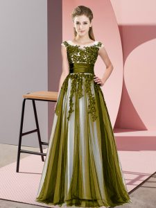 Olive Green Sleeveless Floor Length Beading and Lace Zipper Damas Dress