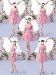 Super Appliques and Belt Damas Dress Pink Lace Up Half Sleeves Mini Length