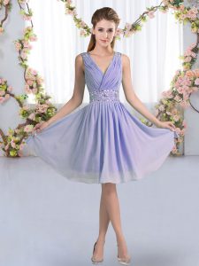Knee Length Lavender Damas Dress V-neck Sleeveless Zipper