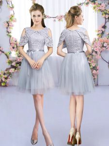 Fitting Grey Sleeveless Lace and Belt Mini Length Court Dresses for Sweet 16