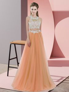 Suitable Orange Tulle Zipper Court Dresses for Sweet 16 Sleeveless Floor Length Lace