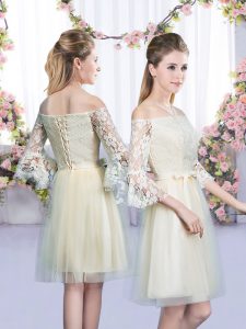 Lace and Bowknot Dama Dress Champagne Lace Up 3 4 Length Sleeve Mini Length