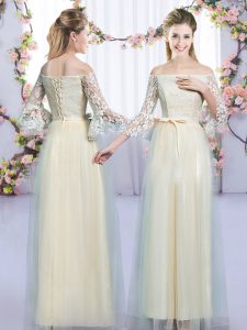 Glorious Floor Length Champagne Dama Dress for Quinceanera Tulle 3 4 Length Sleeve Lace and Bowknot