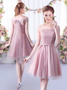 Pink A-line Off The Shoulder Sleeveless Tulle Knee Length Lace Up Belt Dama Dress