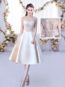 A-line Quinceanera Court Dresses Champagne Scoop Satin Sleeveless Tea Length Lace Up