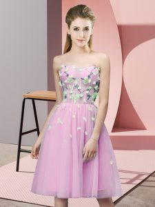 Glittering Rose Pink Empire Sweetheart Sleeveless Tulle Knee Length Lace Up Appliques Quinceanera Dama Dress