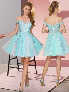 Customized Sleeveless Tulle Mini Length Zipper Dama Dress for Quinceanera in Aqua Blue with Lace