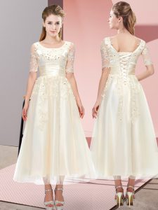 Tulle Scoop Short Sleeves Lace Up Beading and Lace Court Dresses for Sweet 16 in Champagne