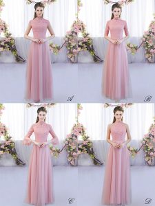 Pink Quinceanera Dama Dress Wedding Party with Lace High-neck Cap Sleeves Zipper
