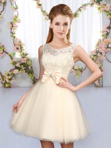 Champagne Scoop Neckline Lace and Bowknot Quinceanera Dama Dress Sleeveless Lace Up