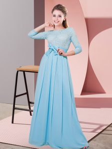 Floor Length Side Zipper Quinceanera Dama Dress Baby Blue for Wedding Party with Lace and Belt