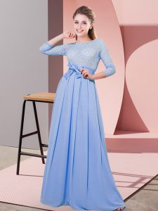 Chiffon 3 4 Length Sleeve Floor Length Quinceanera Dama Dress and Lace and Belt