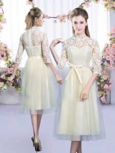 Champagne Dama Dress Wedding Party with Lace and Bowknot High-neck Half Sleeves Zipper