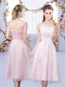 Tea Length Lace Up Dama Dress for Quinceanera Baby Pink for Wedding Party with Lace and Belt