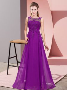 Fashionable Empire Quinceanera Court of Honor Dress Purple Scoop Chiffon Sleeveless Floor Length Zipper
