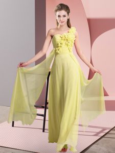 Chiffon One Shoulder Sleeveless Lace Up Hand Made Flower Damas Dress in Yellow