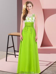 Fantastic Yellow Green Empire Appliques Dama Dress for Quinceanera Backless Chiffon Sleeveless Floor Length