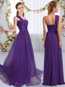 Fitting Purple Lace Up One Shoulder Ruching Vestidos de Damas Chiffon Sleeveless