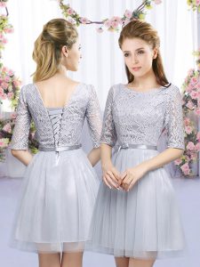 Graceful Grey Half Sleeves Tulle Lace Up Court Dresses for Sweet 16 for Wedding Party