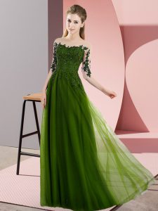 Great Half Sleeves Floor Length Beading and Lace Lace Up Quinceanera Dama Dress with Olive Green