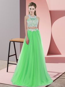 Glamorous Green Tulle Zipper Halter Top Sleeveless Floor Length Quinceanera Court Dresses Lace