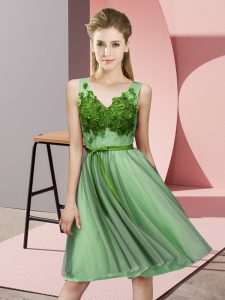 Empire Quinceanera Court of Honor Dress Apple Green V-neck Tulle Sleeveless Knee Length Lace Up
