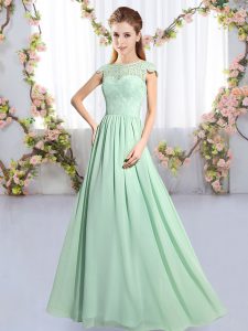 Scoop Cap Sleeves Quinceanera Dama Dress Floor Length Lace Apple Green Chiffon