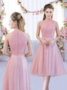 On Sale Pink High-neck Neckline Lace Quinceanera Court of Honor Dress Sleeveless Zipper