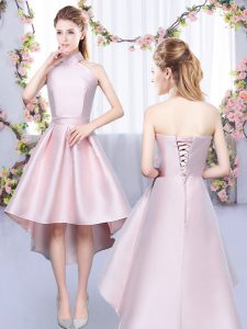 Vintage Baby Pink A-line Ruching Dama Dress for Quinceanera Lace Up Satin Sleeveless High Low