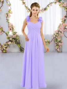 Comfortable Floor Length Lavender Quinceanera Court Dresses Chiffon Sleeveless Hand Made Flower