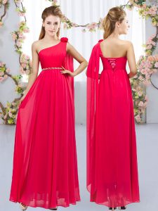 Modest Empire Dama Dress Red One Shoulder Chiffon Sleeveless Floor Length Lace Up