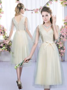 Stunning Tea Length Lace Up Quinceanera Court Dresses Champagne for Wedding Party with Lace and Bowknot