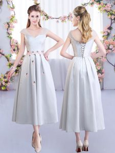 Decent Silver Empire Appliques Dama Dress for Quinceanera Lace Up Satin Cap Sleeves Tea Length