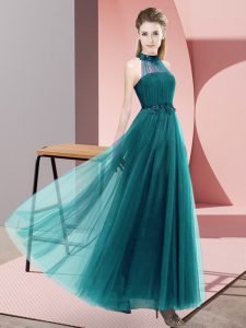 Teal Tulle Lace Up Court Dresses for Sweet 16 Sleeveless Floor Length Beading and Appliques