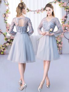 Smart Grey Quinceanera Court of Honor Dress Wedding Party with Lace and Belt V-neck Long Sleeves Lace Up
