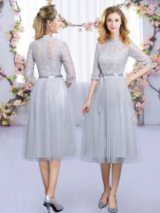 Custom Designed Grey Half Sleeves Lace and Belt Tea Length Vestidos de Damas