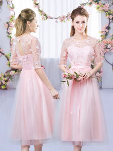 Baby Pink Half Sleeves Lace and Belt Tea Length Quinceanera Court Dresses