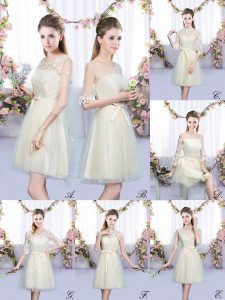 Mini Length Lace Up Court Dresses for Sweet 16 Champagne for Wedding Party with Lace and Bowknot