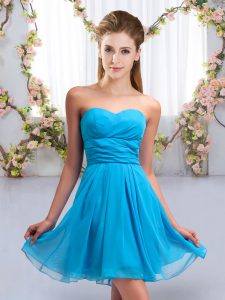 Aqua Blue Chiffon Lace Up Vestidos de Damas Sleeveless Mini Length Ruching