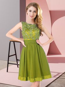 Scoop Sleeveless Dama Dress Mini Length Beading and Appliques Olive Green Chiffon