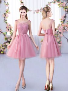 Pretty Pink Scoop Neckline Appliques and Belt Court Dresses for Sweet 16 Sleeveless Lace Up