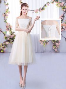 Half Sleeves Tulle Ankle Length Lace Up Quinceanera Dama Dress in Champagne with Lace