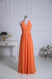 Free and Easy Orange Chiffon Zipper Halter Top Sleeveless Floor Length Damas Dress Ruching