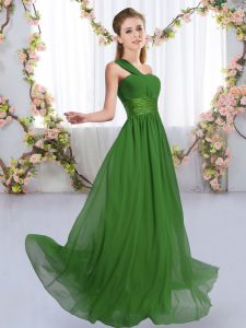 Spectacular Ruching Damas Dress Green Lace Up Sleeveless Floor Length