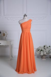 Cheap Sleeveless Floor Length Ruching Zipper Court Dresses for Sweet 16 with Orange