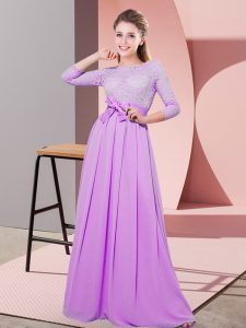 Lilac Side Zipper Scoop Lace and Belt Damas Dress Chiffon 3 4 Length Sleeve