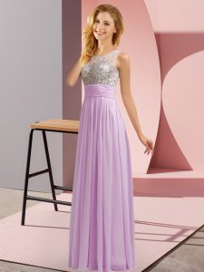 Lavender Side Zipper Quinceanera Dama Dress Beading Sleeveless Floor Length