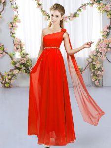 Red Sleeveless Floor Length Beading and Hand Made Flower Lace Up Quinceanera Dama Dress